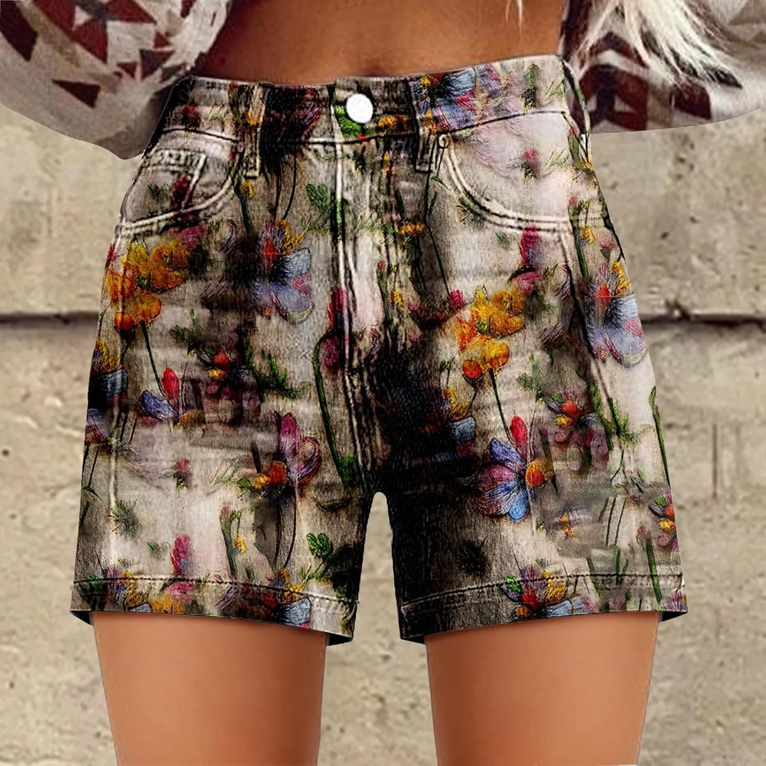 Womens Summer Casual High Waist Denim Shorts Fit Art Retro Printed Floral Athletic Distressed Sweatpants with Pockets