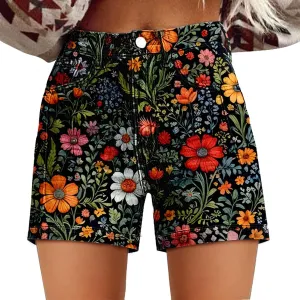 Womens Summer Casual High Waist Denim Shorts Fit Art Retro Printed Floral Athletic Distressed Sweatpants with Pockets