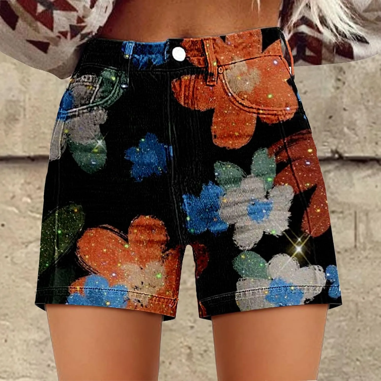 Womens Summer Casual High Waist Denim Shorts Fit Art Retro Printed Floral Athletic Distressed Sweatpants with Pockets