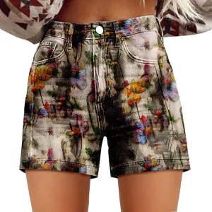 Womens Summer Casual High Waist Denim Shorts Fit Art Retro Printed Floral Athletic Distressed Sweatpants with Pockets