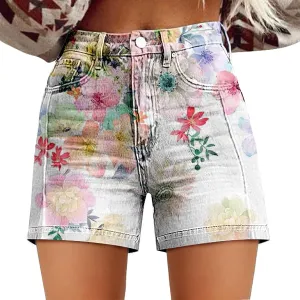 Womens Summer Casual High Waist Denim Shorts Fit Art Retro Printed Floral Athletic Distressed Sweatpants with Pockets