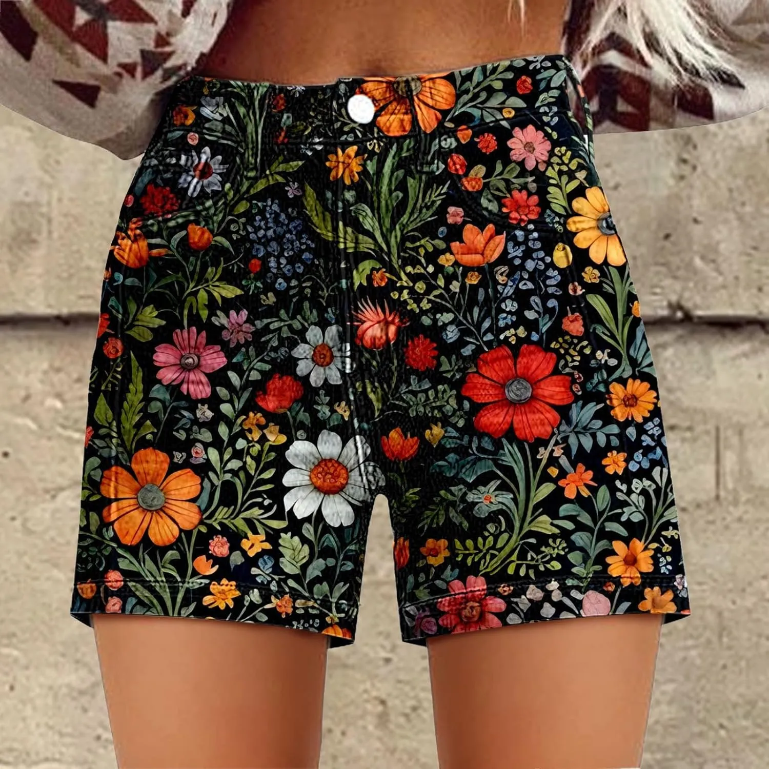Womens Summer Casual High Waist Denim Shorts Fit Art Retro Printed Floral Athletic Distressed Sweatpants with Pockets