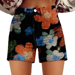 Womens Summer Casual High Waist Denim Shorts Fit Art Retro Printed Floral Athletic Distressed Sweatpants with Pockets
