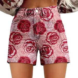 Womens Summer Casual High Waist Denim Shorts Fit Art Retro Printed Floral Athletic Distressed Sweatpants with Pockets