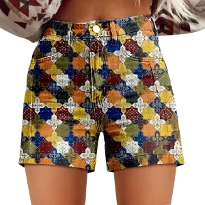 Womens Summer Casual High Waist Denim Shorts Fit Art Retro Printed Floral Athletic Distressed Sweatpants with Pockets