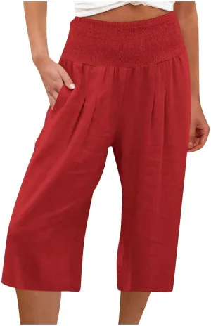 Womens Summer Casual Linen Capri Pants Loose Wide Leg Palazzo Trousers Smocked High Waist Flowy Beach Cropped Pants