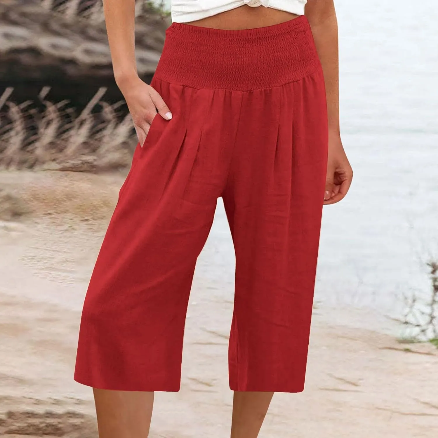 Womens Summer Casual Linen Capri Pants Loose Wide Leg Palazzo Trousers Smocked High Waist Flowy Beach Cropped Pants
