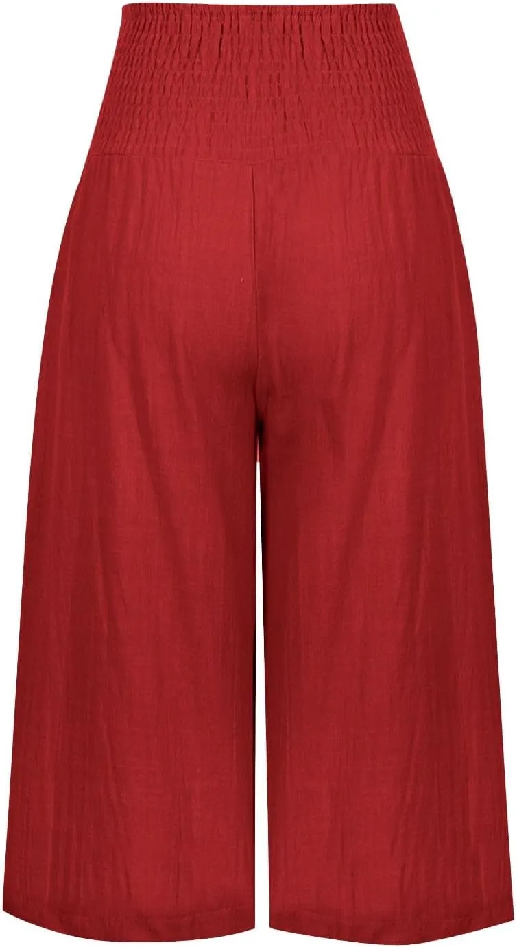 Womens Summer Casual Linen Capri Pants Loose Wide Leg Palazzo Trousers Smocked High Waist Flowy Beach Cropped Pants