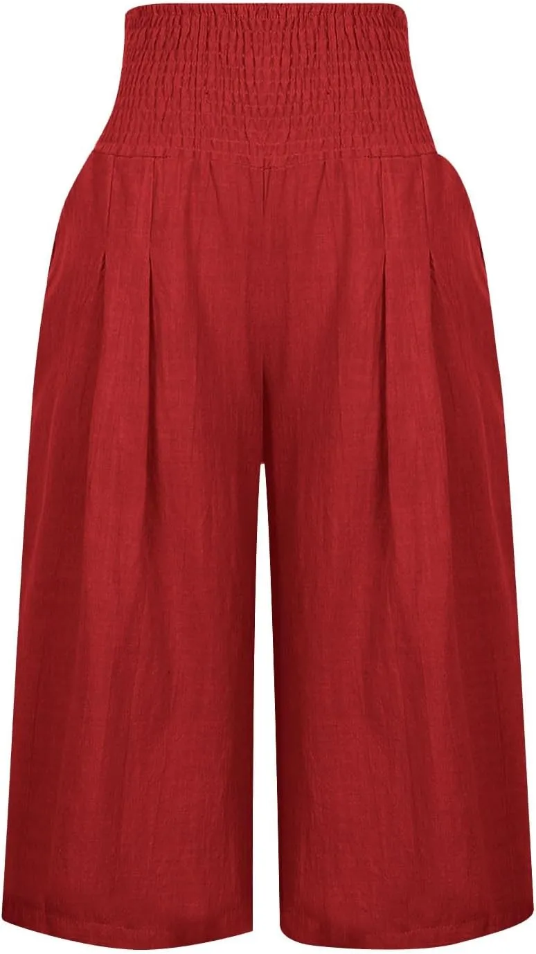 Womens Summer Casual Linen Capri Pants Loose Wide Leg Palazzo Trousers Smocked High Waist Flowy Beach Cropped Pants