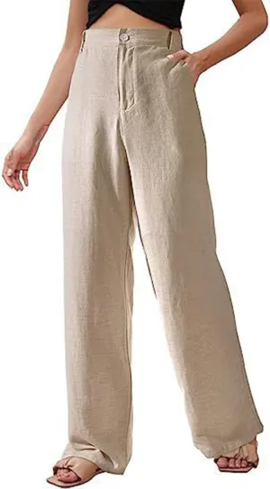 Women's Summer Casual Pants Straight Leg Solid Color Linen High Waisted Button Up Long Trousers Relaxed Fit Going Out Pants