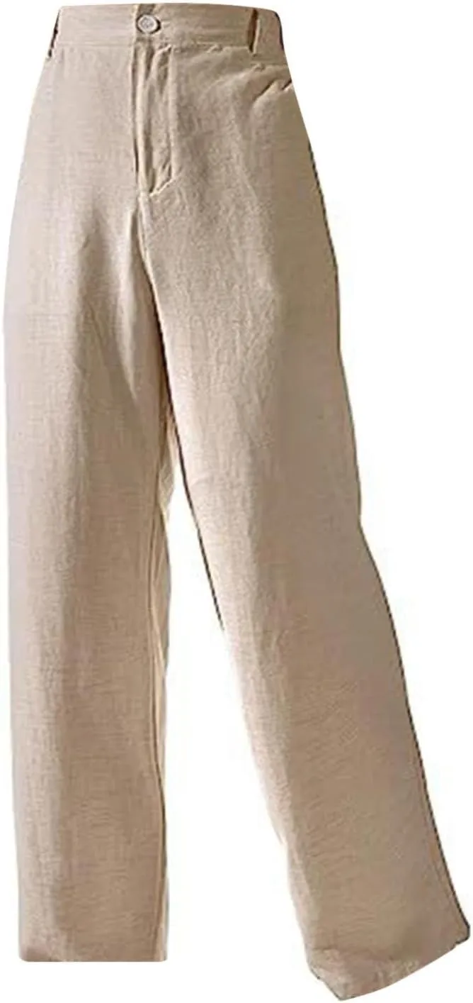 Women's Summer Casual Pants Straight Leg Solid Color Linen High Waisted Button Up Long Trousers Relaxed Fit Going Out Pants