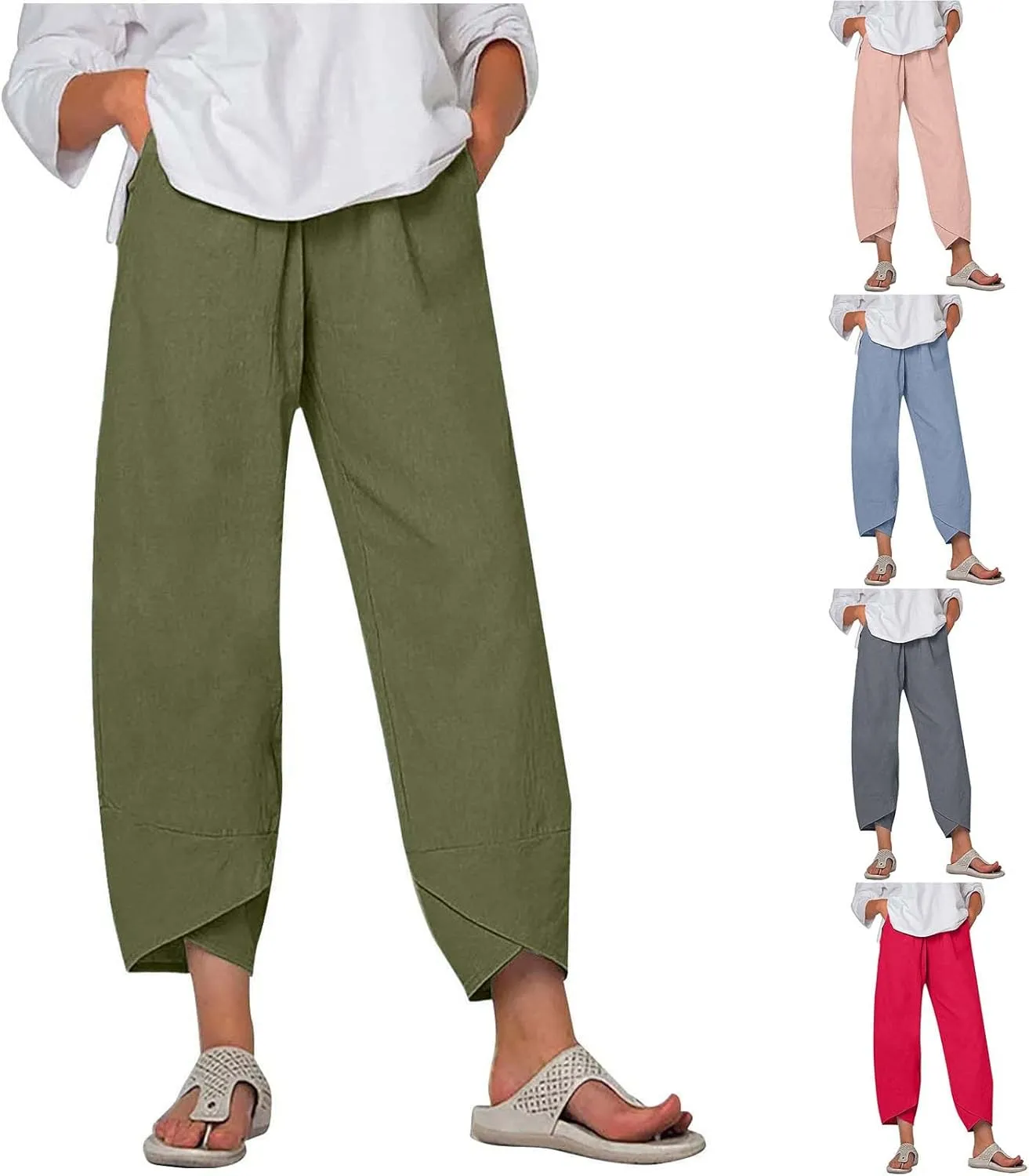 Womens Summer Cotton Linen Pants Trendy 2024 Elastic High Waist Casual Beach Pants Loose Cropped Lounge Trousers