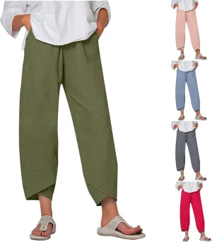 Womens Summer Cotton Linen Pants Trendy 2024 Elastic High Waist Casual Beach Pants Loose Cropped Lounge Trousers