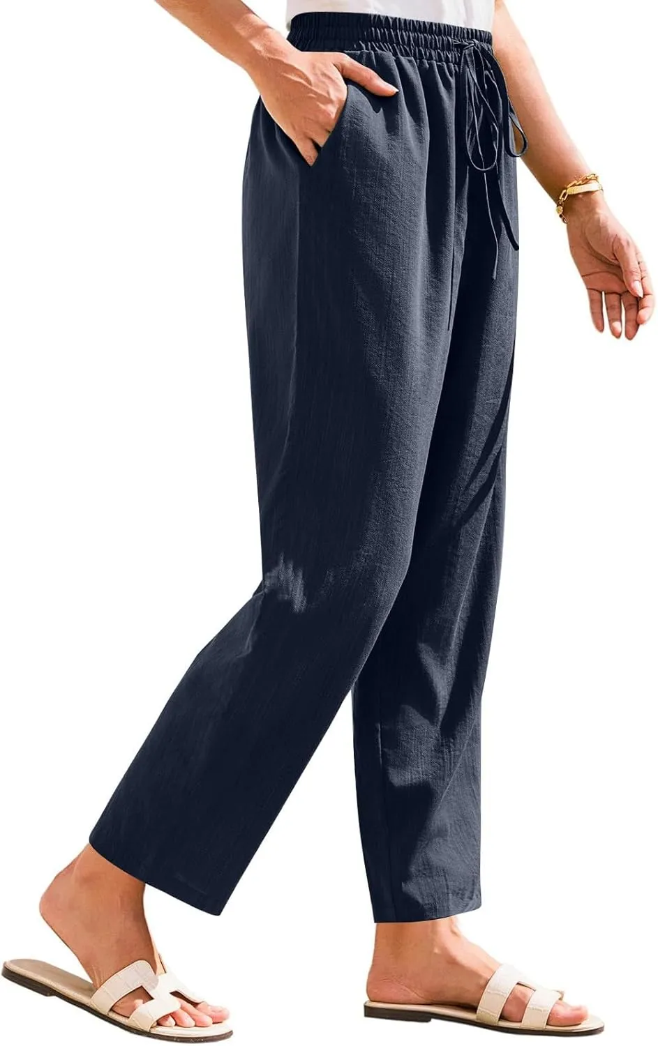 Women's Summer Drawstring Pants Wide Leg Loose Linen Capri Pants Elastic Waist Petite Casual Trousers with Pockets