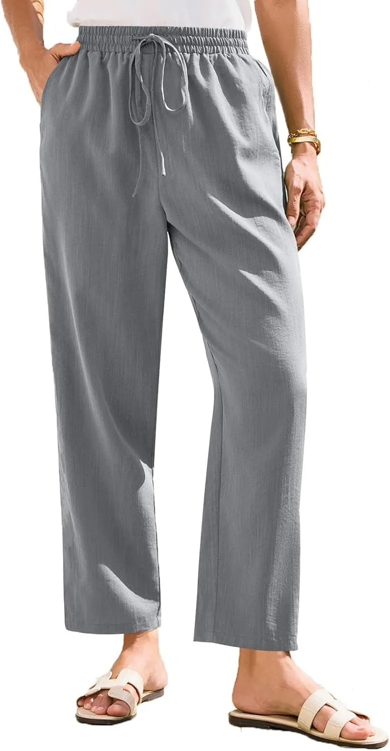 Women's Summer Drawstring Pants Wide Leg Loose Linen Capri Pants Elastic Waist Petite Casual Trousers with Pockets