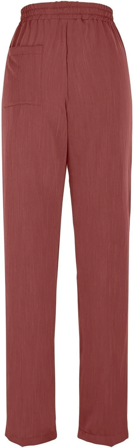 Women's Summer Drawstring Pants Wide Leg Loose Linen Capri Pants Elastic Waist Petite Casual Trousers with Pockets