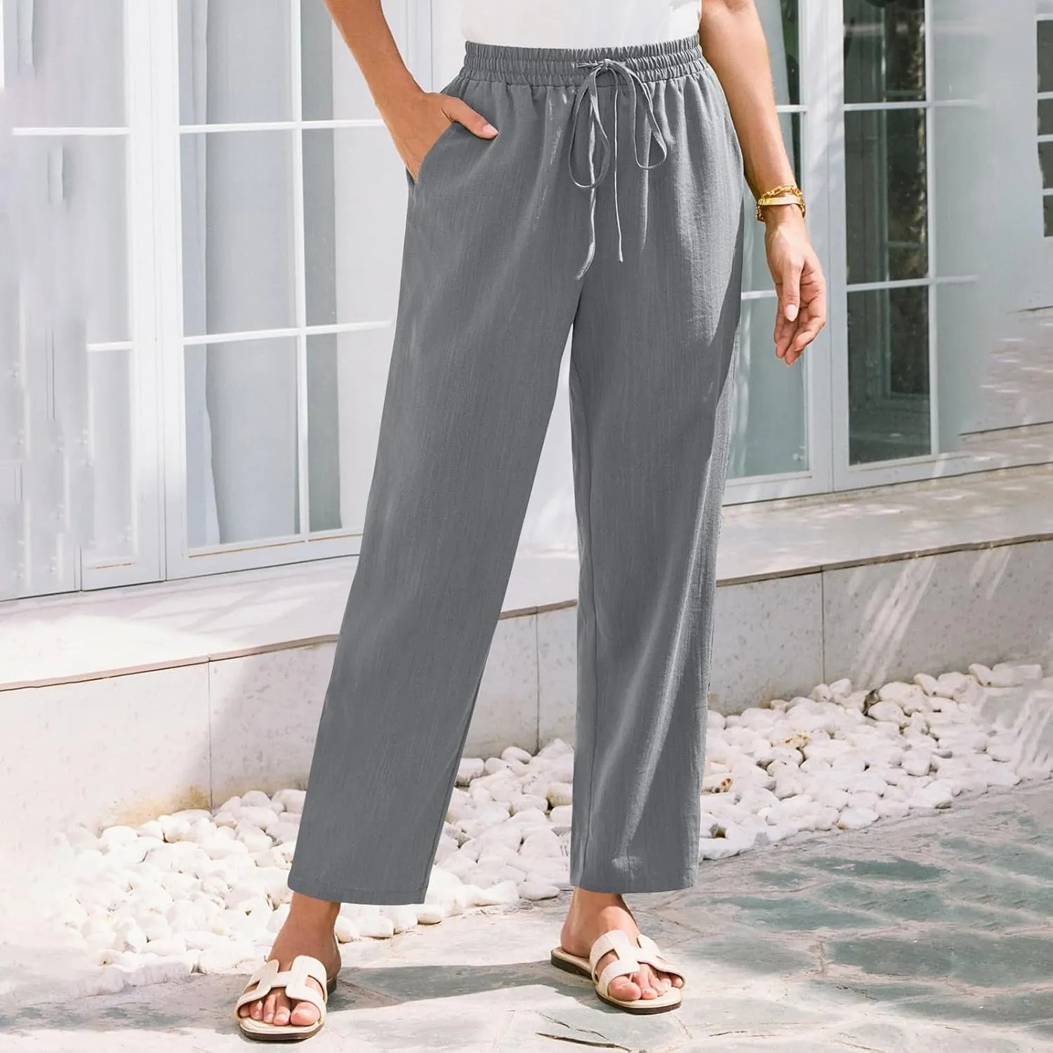 Women's Summer Drawstring Pants Wide Leg Loose Linen Capri Pants Elastic Waist Petite Casual Trousers with Pockets