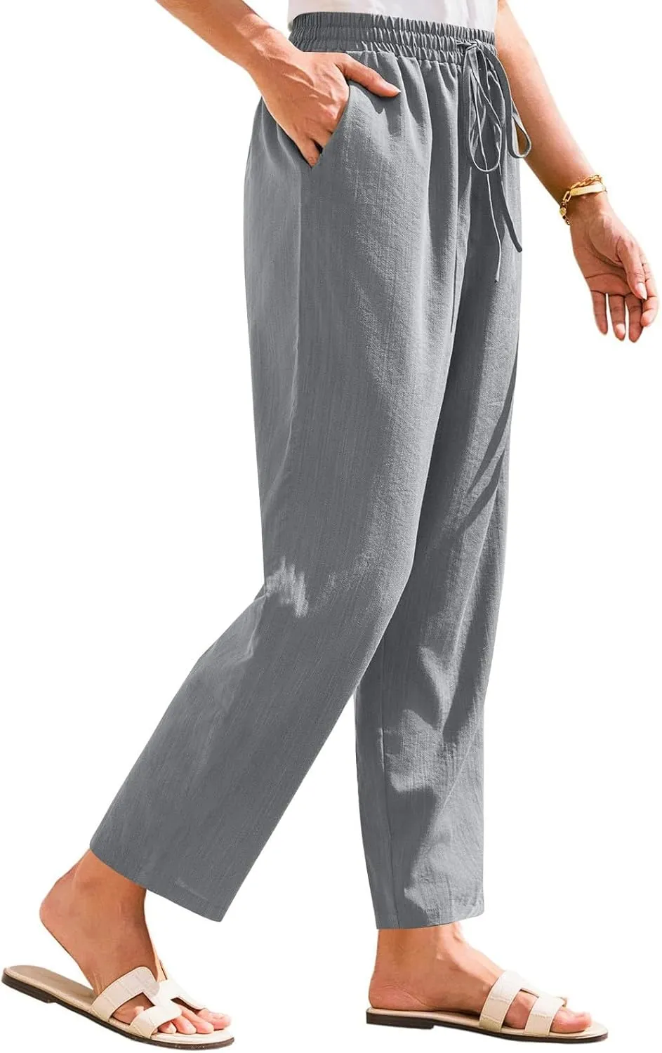 Women's Summer Drawstring Pants Wide Leg Loose Linen Capri Pants Elastic Waist Petite Casual Trousers with Pockets