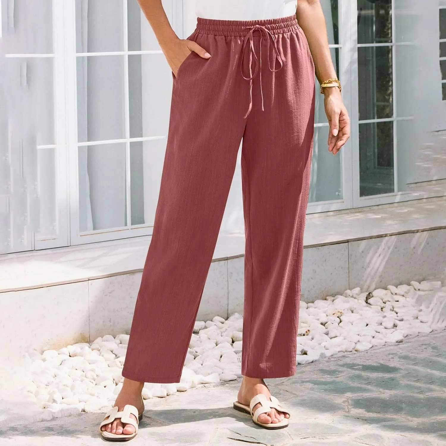 Women's Summer Drawstring Pants Wide Leg Loose Linen Capri Pants Elastic Waist Petite Casual Trousers with Pockets
