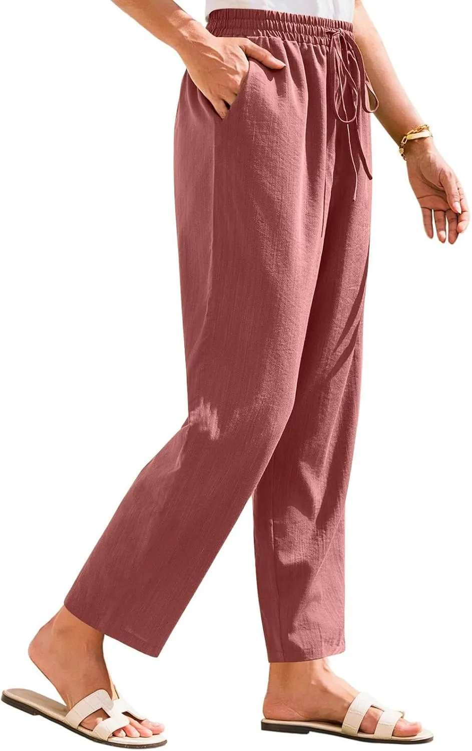 Women's Summer Drawstring Pants Wide Leg Loose Linen Capri Pants Elastic Waist Petite Casual Trousers with Pockets