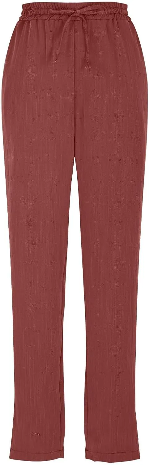 Women's Summer Drawstring Pants Wide Leg Loose Linen Capri Pants Elastic Waist Petite Casual Trousers with Pockets