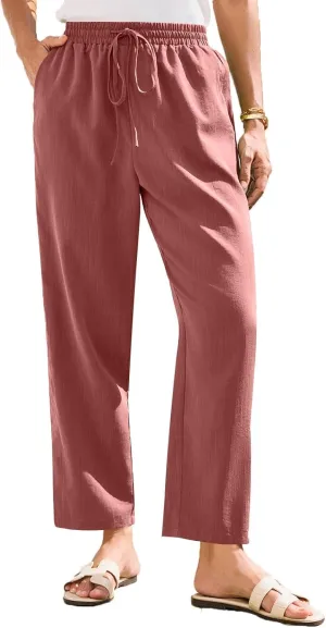 Women's Summer Drawstring Pants Wide Leg Loose Linen Capri Pants Elastic Waist Petite Casual Trousers with Pockets