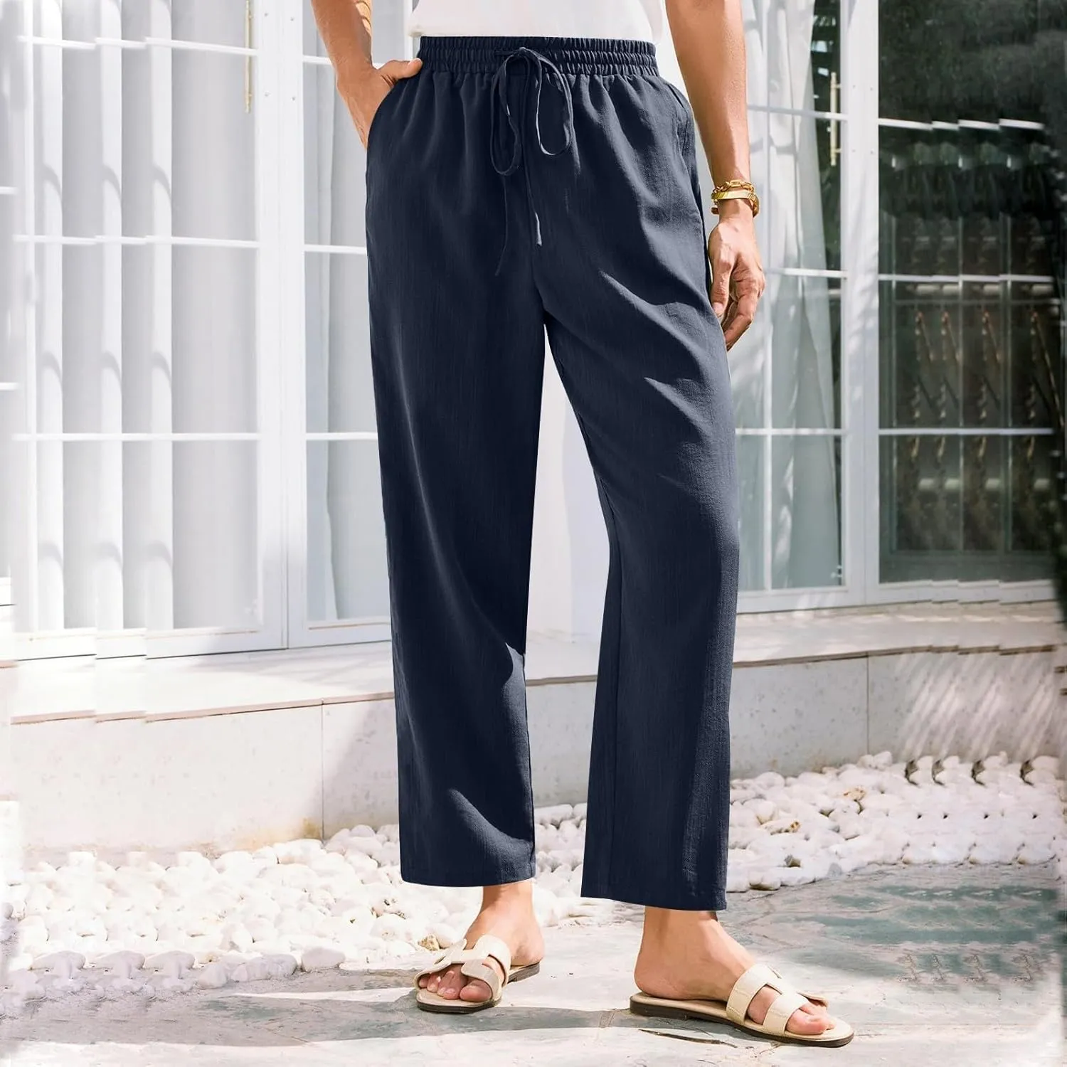 Women's Summer Drawstring Pants Wide Leg Loose Linen Capri Pants Elastic Waist Petite Casual Trousers with Pockets