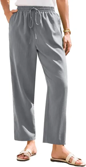 Women's Summer Drawstring Pants Wide Leg Loose Linen Capri Pants Elastic Waist Petite Casual Trousers with Pockets