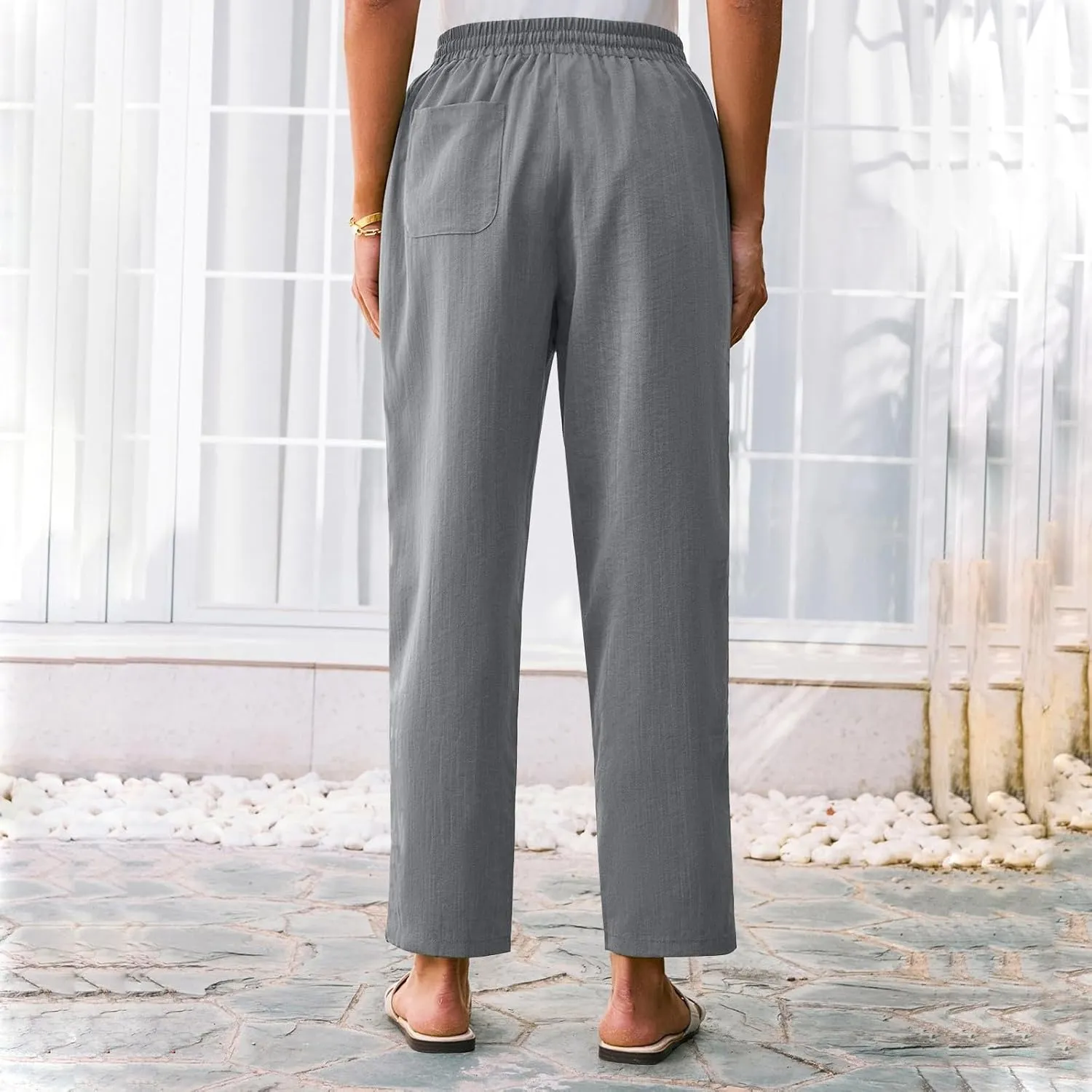 Women's Summer Drawstring Pants Wide Leg Loose Linen Capri Pants Elastic Waist Petite Casual Trousers with Pockets
