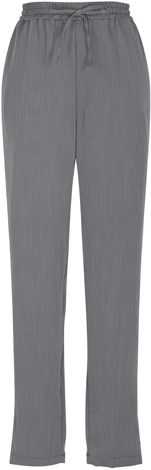 Women's Summer Drawstring Pants Wide Leg Loose Linen Capri Pants Elastic Waist Petite Casual Trousers with Pockets