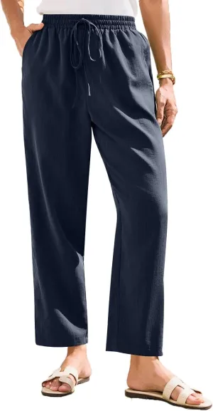 Women's Summer Drawstring Pants Wide Leg Loose Linen Capri Pants Elastic Waist Petite Casual Trousers with Pockets