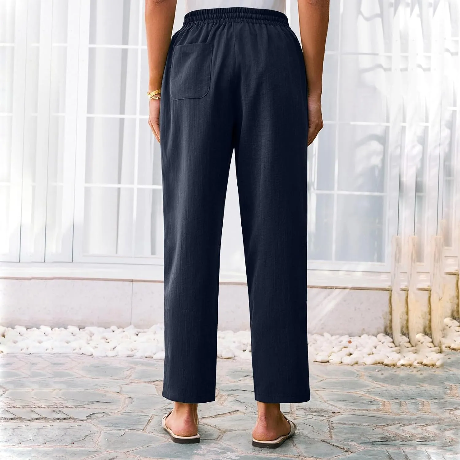 Women's Summer Drawstring Pants Wide Leg Loose Linen Capri Pants Elastic Waist Petite Casual Trousers with Pockets