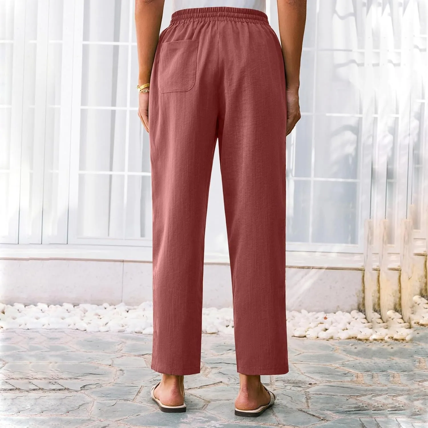 Women's Summer Drawstring Pants Wide Leg Loose Linen Capri Pants Elastic Waist Petite Casual Trousers with Pockets