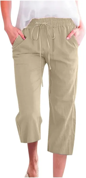 Womens Summer Fashion Capri Pants Casual Drawstring Elastic High Waist Linen Pant Straight Cropped Trousers