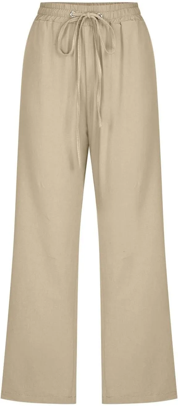 Womens Summer Fashion Capri Pants Casual Drawstring Elastic High Waist Linen Pant Straight Cropped Trousers