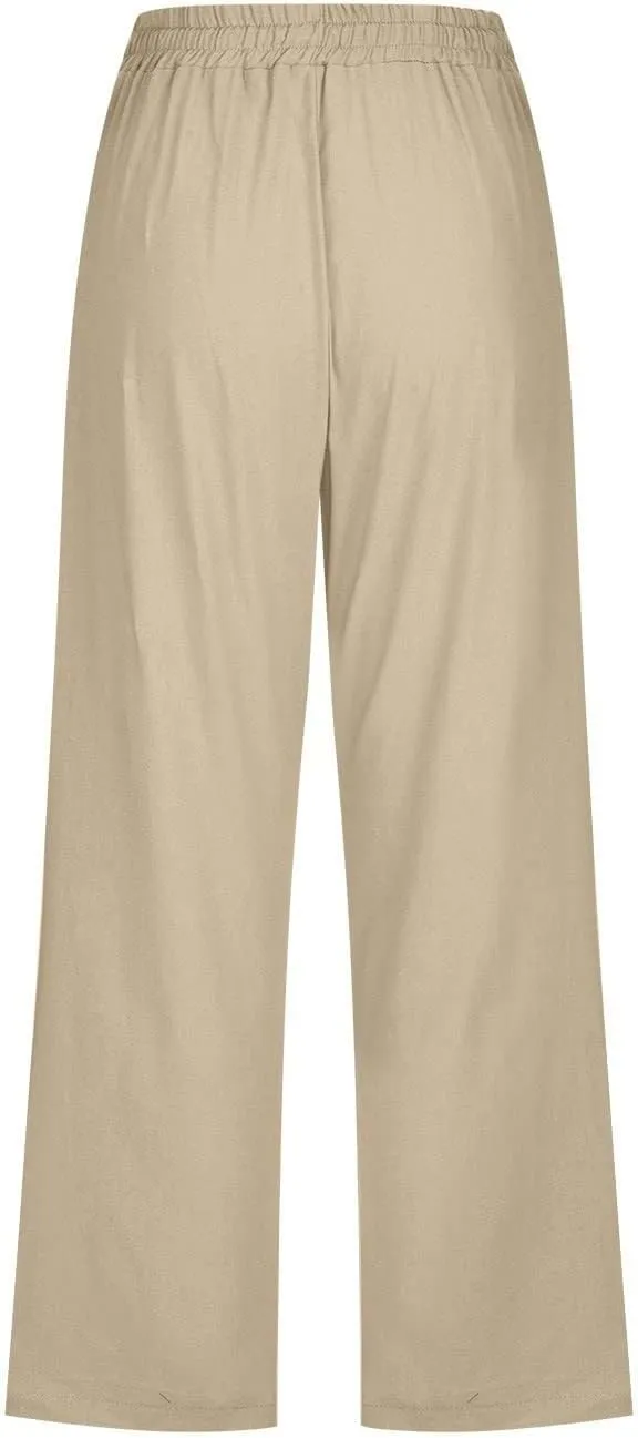 Womens Summer Fashion Capri Pants Casual Drawstring Elastic High Waist Linen Pant Straight Cropped Trousers