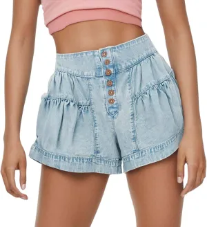 Womens Summer Flowy Jean Short Button Up High Waisted Wide Leg Denim Skort Pleated Ruffle Stretchy Short with Pockets