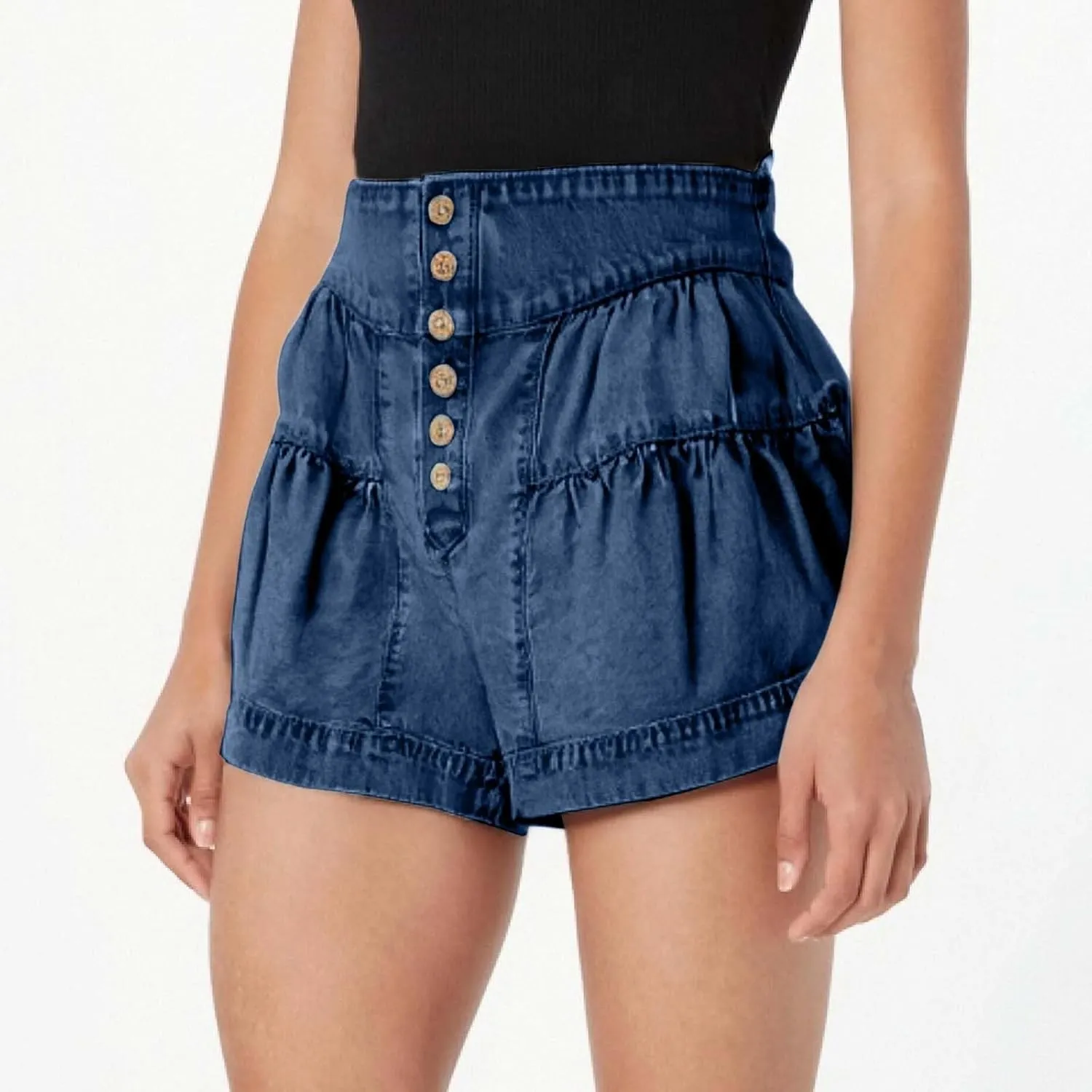Womens Summer Flowy Jean Short Button Up High Waisted Wide Leg Denim Skort Pleated Ruffle Stretchy Short with Pockets