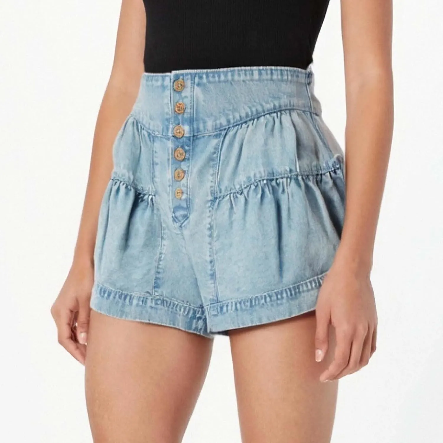 Womens Summer Flowy Jean Short Button Up High Waisted Wide Leg Denim Skort Pleated Ruffle Stretchy Short with Pockets