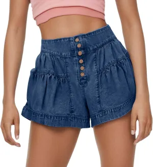 Womens Summer Flowy Jean Short Button Up High Waisted Wide Leg Denim Skort Pleated Ruffle Stretchy Short with Pockets
