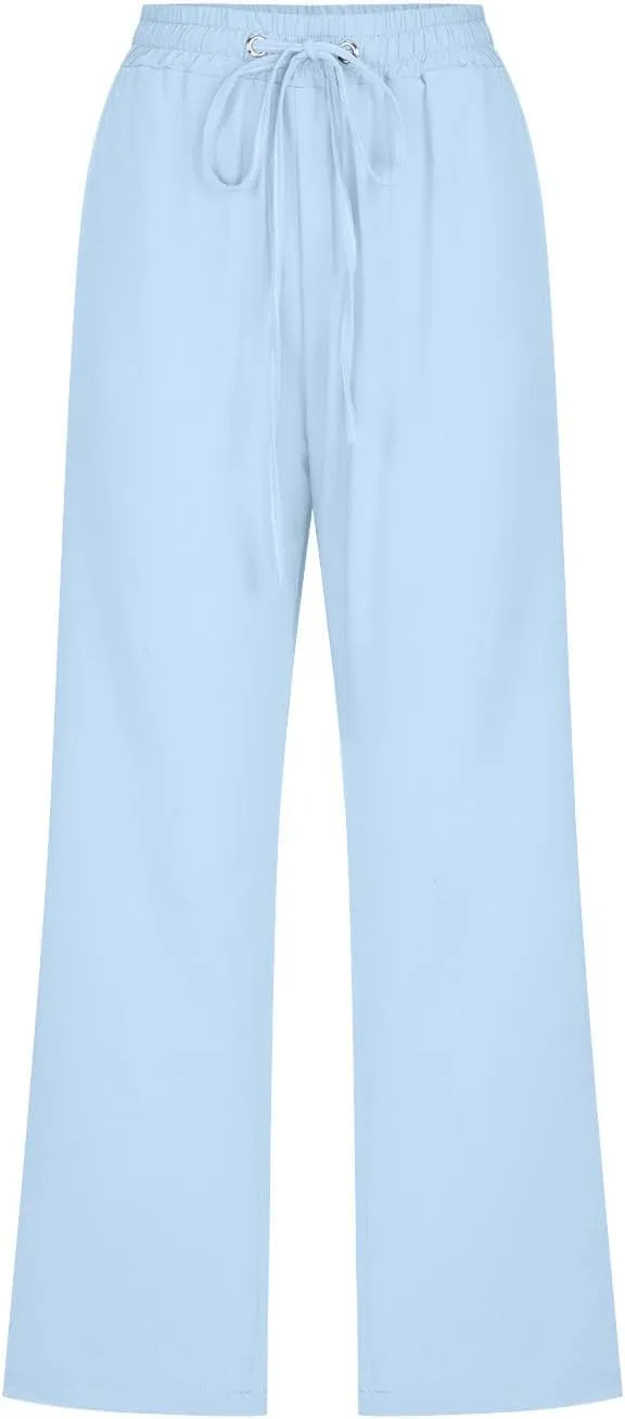 Women's Summer Linen Pants Elastic High Waisted Drawstring Solid Color Capris with Pockets Straight Leg Soft Trousers