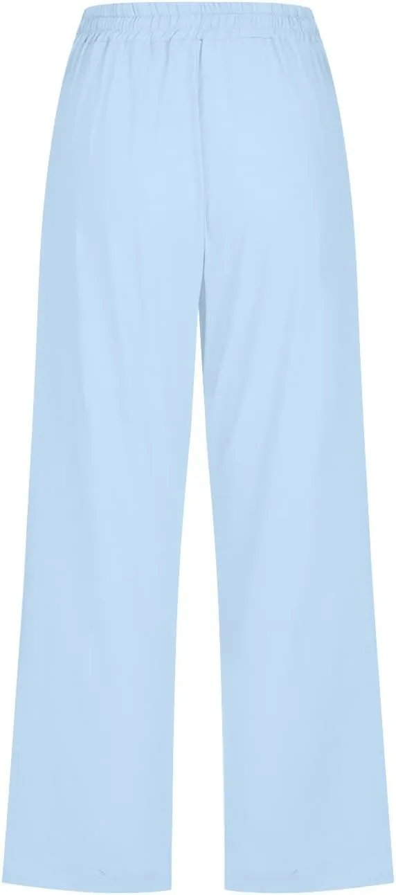 Women's Summer Linen Pants Elastic High Waisted Drawstring Solid Color Capris with Pockets Straight Leg Soft Trousers