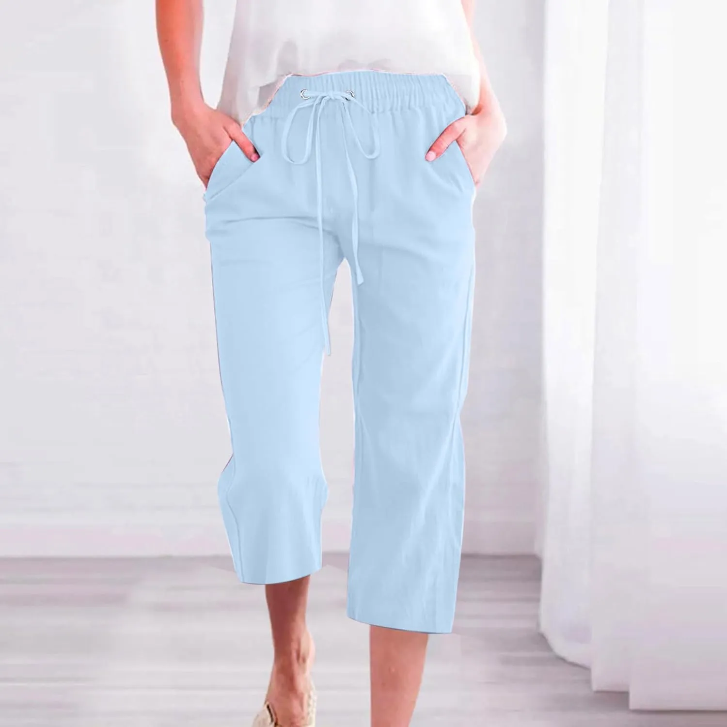 Women's Summer Linen Pants Elastic High Waisted Drawstring Solid Color Capris with Pockets Straight Leg Soft Trousers