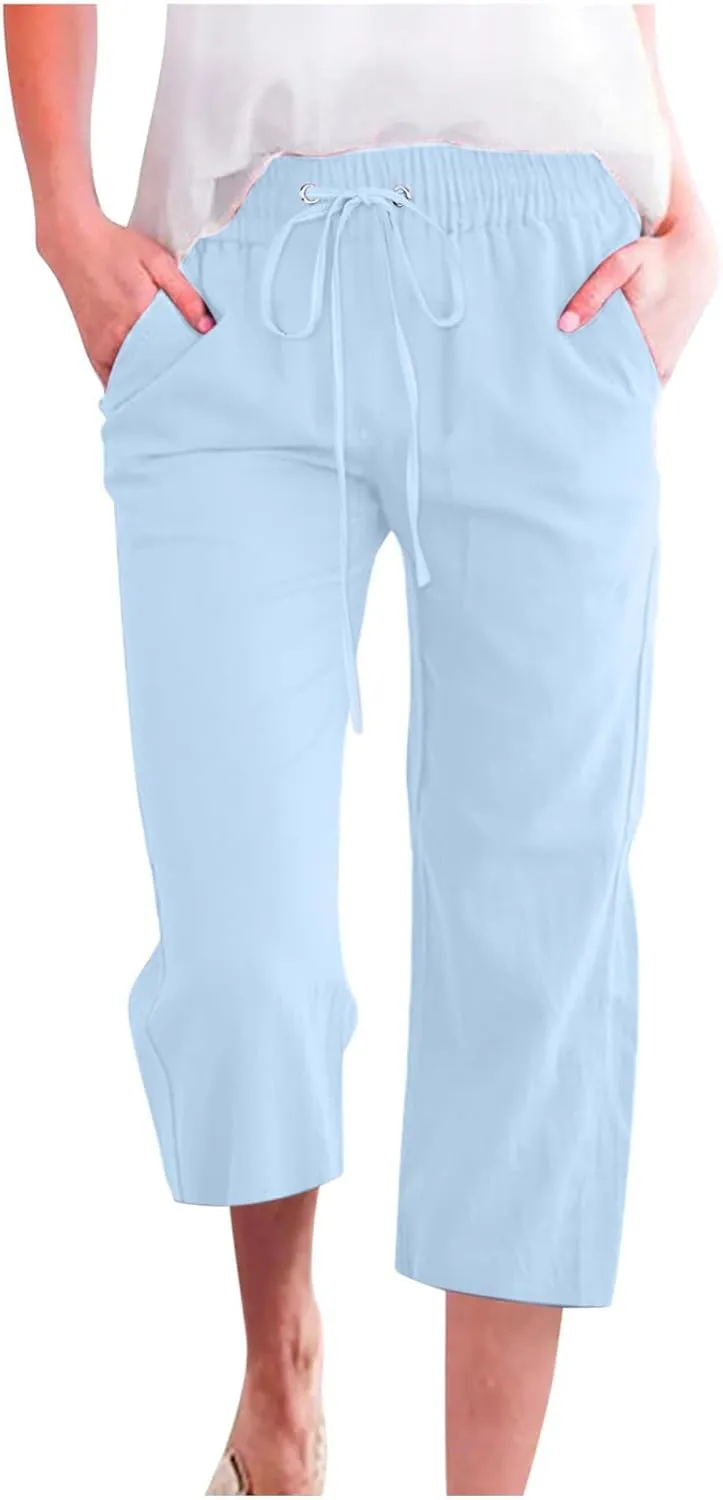 Women's Summer Linen Pants Elastic High Waisted Drawstring Solid Color Capris with Pockets Straight Leg Soft Trousers