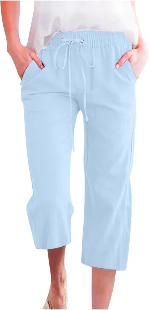Women's Summer Linen Pants Elastic High Waisted Drawstring Solid Color Capris with Pockets Straight Leg Soft Trousers