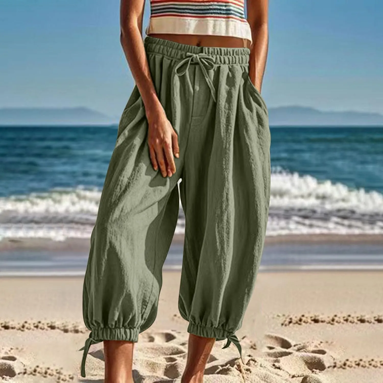 Womens Summer Linen Pants Harem Palazzo Trousers Casual Smocked Waist Flowy Slack Beach Trousers with Pocket