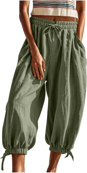 Womens Summer Linen Pants Harem Palazzo Trousers Casual Smocked Waist Flowy Slack Beach Trousers with Pocket