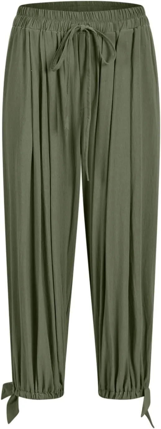 Womens Summer Linen Pants Harem Palazzo Trousers Casual Smocked Waist Flowy Slack Beach Trousers with Pocket