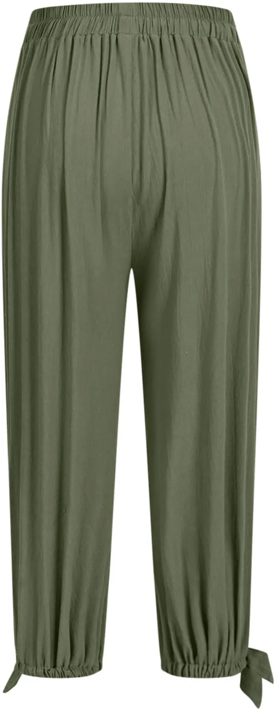 Womens Summer Linen Pants Harem Palazzo Trousers Casual Smocked Waist Flowy Slack Beach Trousers with Pocket