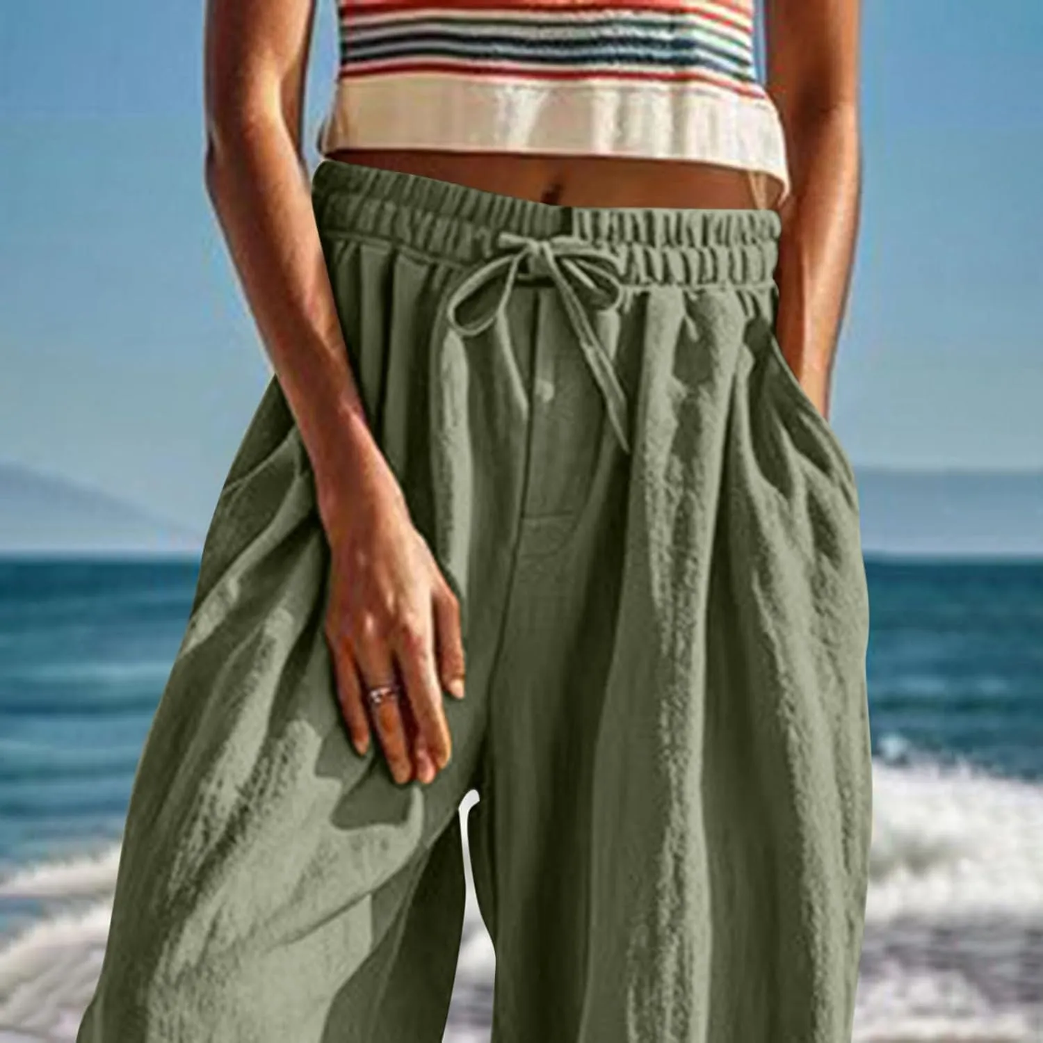 Womens Summer Linen Pants Harem Palazzo Trousers Casual Smocked Waist Flowy Slack Beach Trousers with Pocket